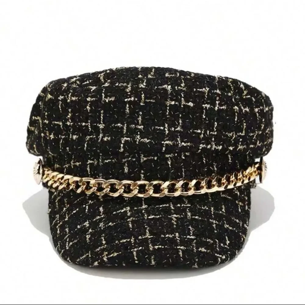 Women’s Tweed Chain Newsboy Cap – Chic & Elegant